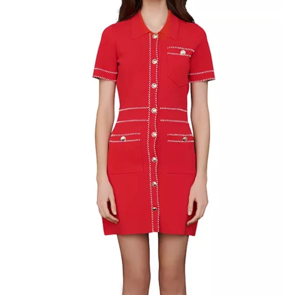 Maje Red Knit Contrast Stitching  Mini Dress, size 36/ XS